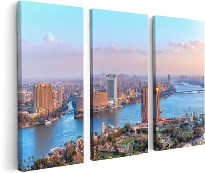 Artaza Canvas Schilderij Drieluik De Nijl Rivier in Cairo, Egypte - 120x80 cm - Wanddecoratie Woonkamer - Schilderijen - Muurdecoratie