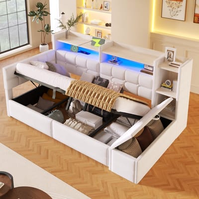 Slaapbank 90x200 cm - met opbergruimte en LED-verlichting - USB- en Type-C-aansluitingen - opbergpoef - zonder matras - wit