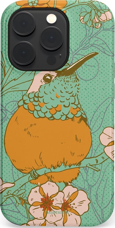 Casetastic hoesje geschikt voor Apple iPhone 14 Pro - MagSafe - Dubbellaagse bescherming - Bloesem Kolibrie - Fashion Case - Mintgroen Okergeel Zand