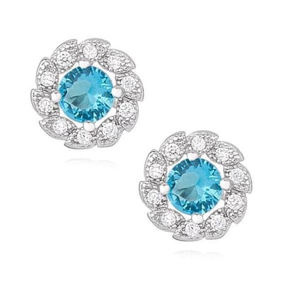 Joy|S - Zilveren rond oorbellen 8.5 mm fantasie bloem zirkonia aqua marine blauw gehodineerd