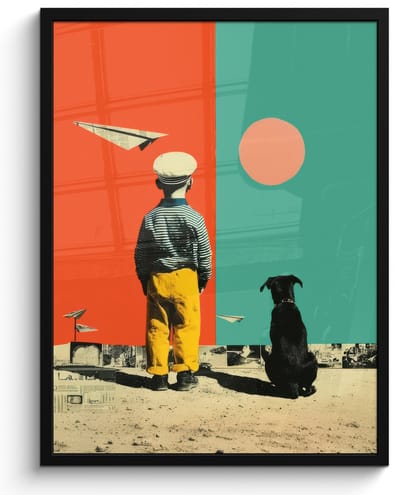 Poster in lijst - Fotolijst 60x80 cm - Posters - Retro - Jongen - Hond - Rood - Groen - Posterlijst zwart - Decoratie - Wanddecoratie woonkamer - Muurdecoratie slaapkamer