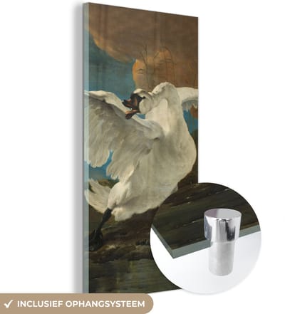 MuchoWow® Glasschilderij 20x40 cm - Schilderij acrylglas - De bedreigde zwaan - Schilderij van Jan Asselijn - Foto op glas - Schilderijen
