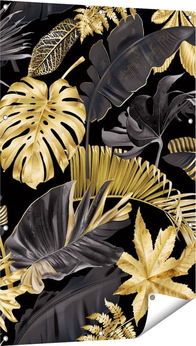 Gards Tuinposter Gouden Tropische Bladeren - 80x120 cm - Tuindoek - Tuindecoratie - Wanddecoratie buiten - Tuinschilderij