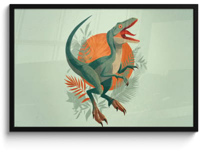 Poster in lijst - Fotolijst 90x60 cm - Posters - Dino - Bladeren - Grafisch - Groen - Posterlijst zwart - Decoratie - Wanddecoratie woonkamer - Muurdecoratie slaapkamer