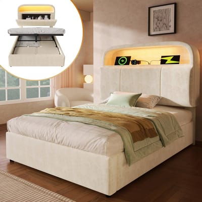 Eenpersoonsbed 90x200 cm - met verstelbare hoofdbord - LED-verlichting en USB/Type-C oplaadfunctie - met opbergruimte - beige - zonder matras