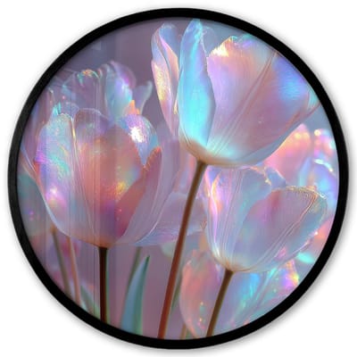 Poster in lijst Rond - Fotolijst 40x40 cm - Posters - Tulpen - Glazen - Bloemblaadjes - Pasteltinten - Ronde posterlijst zwart - Decoratie - Wanddecoratie woonkamer - Muurdecoratie slaapkamer