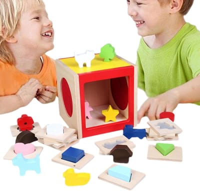 Peuter Vormen Sorteerder - Houten Puzzel - Mentale Groei - Aanpasbare Moeilijkheidsgraad - 15x15x16 cm - Multi-color