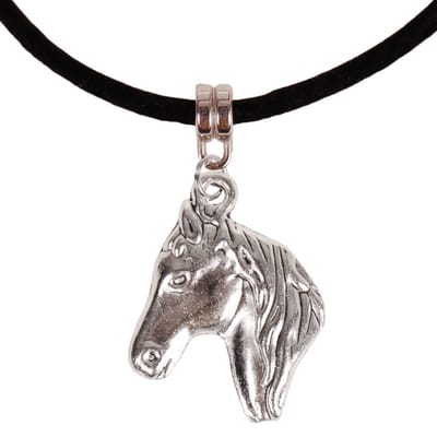 Veterketting Zwart Fluweel - 45cm - Hangertje Paardenhoofd zilverkleurig 2,8x2,3cm
