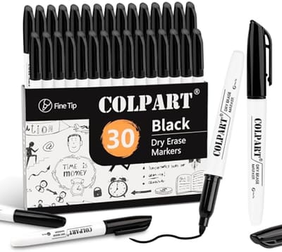 SnelShoppen - 30 Stuks Whiteboard Stiften - Wasbare Zwarte Markers met Fijne Punt - Perfect voor School, Kantoor en Thuisgebruik