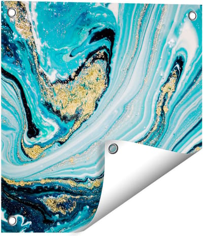 Gards Tuinposter Abstracte Luxe Kunst in het Blauw met Goud - 40x40 cm - Tuindoek - Tuindecoratie - Wanddecoratie buiten - Tuinschilderij