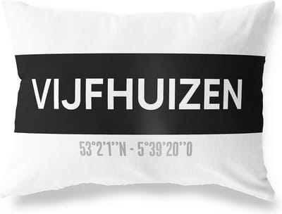 Tuinkussen VIJFHUIZEN - NOORD-HOLLAND met coördinaten - Buitenkussen - Bootkussen - Weerbestendig - Jouw Plaats - Studio216 - Modern - Zwart-Wit - 50x30cm