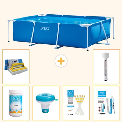 Intex Rechthoekig Frame Zwembad - 220 x 150 x 60 cm - Blauw - Inclusief Chloor - Chloordrijver - Testrips - Reparatiesetje - Scrubborstel - Thermometer - 7-delig