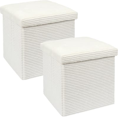 Home Deco Factory Poef/hocker opvouwbaar - 2x - rib design - opbergbox - wit - polyester/mdf - 38 x 38 cm