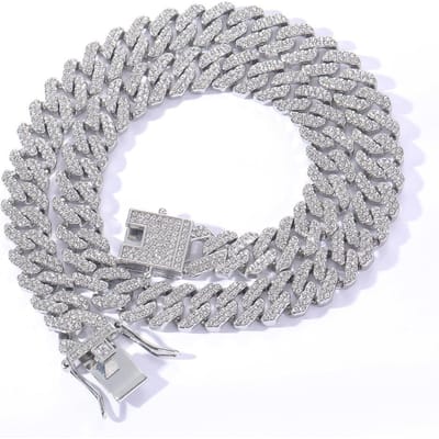 15MM Cubaanse Schakelketting Hip Hop Heren Ketting Iced Out Parijs Ketting 2 Rijen Strass Paved Miami Ruit Cubaanse Heren Dames Ketting 50cm white