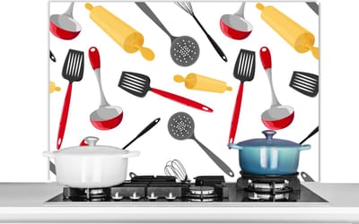 Spatscherm keuken 100x65 cm - Kookplaat achterwand Patronen - Keukengerei - Spatel - Deegroller - Muurbeschermer - Spatwand fornuis - Hoogwaardig aluminium