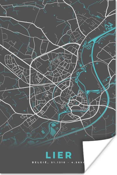 Poster Plattegrond – Lier – Blauw – Stadskaart - Kaart - België - 120x180 cm XXL