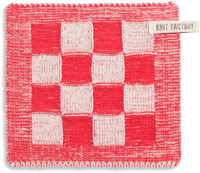Knit Factory Gebreide Pannenlap Block - Pannenlappen gemaakt van 50% katoen & 50% acryl - Blokken motief - Traditionele look - 1 stuk - Ecru/Rood - 23x23 cm