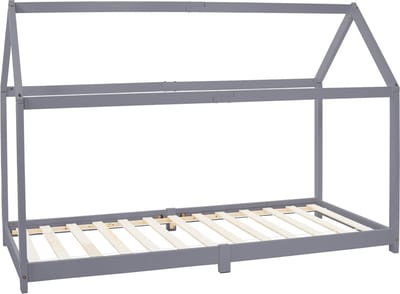 Kinderbed Huisbed 90x200 cm lichtgrijs gemaakt van dennenhout Houten bed met dak en lattenbodem ML design