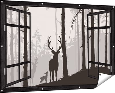 Gards Tuinposter Doorkijk Herten in het Bos - Silhouet - 150x100 cm - Tuindoek - Tuindecoratie - Wanddecoratie buiten - Tuinschilderij