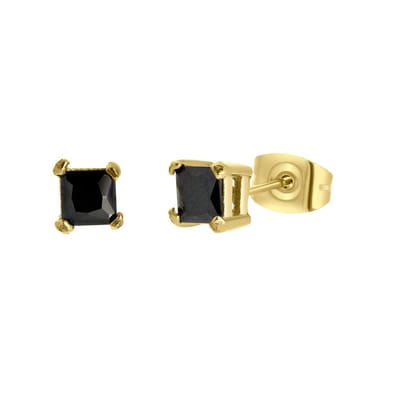 Lucardi Heren Oorbellen met vierkante zirkonia 4mm - Oorbellen - Vaderdag Cadeautje - Staal - Goudkleurig