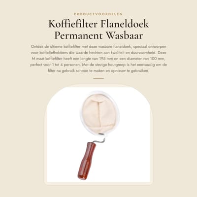 Dailygoods- Koffiefilter Permanent - Flaneldoek - Houtgreep - 195mm Lengte - 100mm Diameter - Geschikt voor 1-4 Personen - Koffiefilterdoek