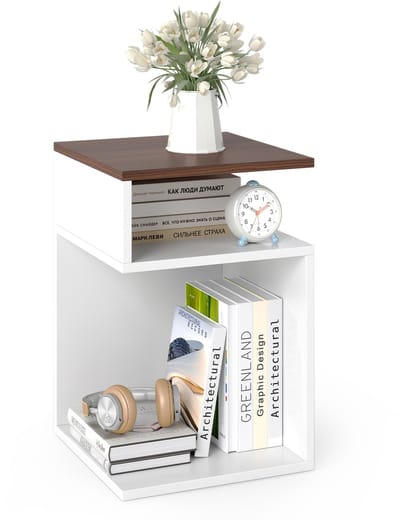 COSTWAY Houten bijzettafel, 3 niveaus, nachtkastje, modern, voor woonkamer en slaapkamer, 33 x 33 x 50 cm (wit + walnoot)