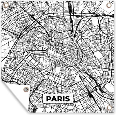 Tuin poster Parijs - Frankrijk - Plattegrond - Paris - Stadskaart - Kaart - Zwart wit - 200x200 cm - Tuindoek