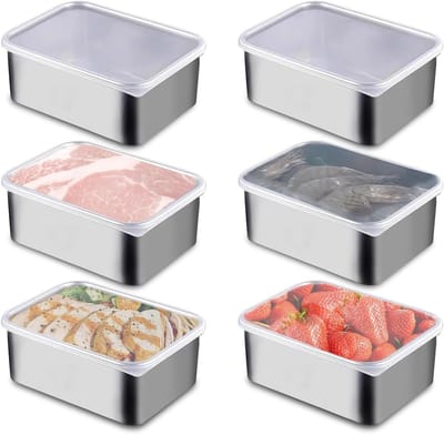 Set van 6 RVS Opbergcontainers met Deksel, 500 ml, Stapelbare Voedselbereidingsdozen voor Keukenorganisatie