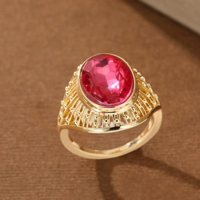 Bague creuse vintage en cuivre avec gemme artificielle rouge ovale pour femmes, adaptée aux banquets et aux occasions formelles. 10