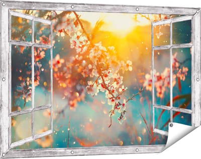Gards Tuinposter Doorkijk Bloesemboom tijdens Zonsondergang - Bloem - 120x80 cm - Tuindoek - Tuindecoratie - Wanddecoratie buiten - Tuinschilderij