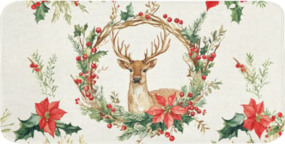 WC mat 120x60 cm - Antislip - Kerstkrans - Hert - Hulst - Rood - Toiletmat - Vloermat - Douchemat - Toilet tapijt - Toiletmatten