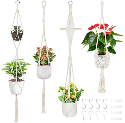 flintronic Set van 4 macramé plantenhangers, wit