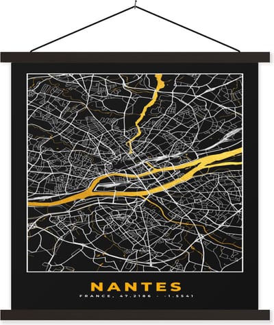 Posterhanger incl. Poster 60x60 cm - Schoolplaat - Stadskaart – Nantes - Plattegrond – Kaart – Frankrijk - Textielposter - Zwarte latten - Stadskaart
