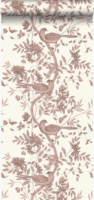 Origin Wallcoverings behang vogel gravure ivoor wit en glanzend koper bruin - 53 cm x 10.05 m - 347457