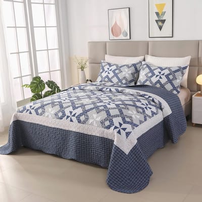 Sprei 240 x 260 cm Blauw - Landelijke Stijl - Microvezel Beddensprei Set met Kussenslopen