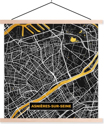 Posterhanger incl. Poster 40x40 cm - Schoolplaat - Plattegrond – Asnières-sur-Seine – Stadskaart – Kaart – Frankrijk - Textielposter - Blanke latten - Stadskaart