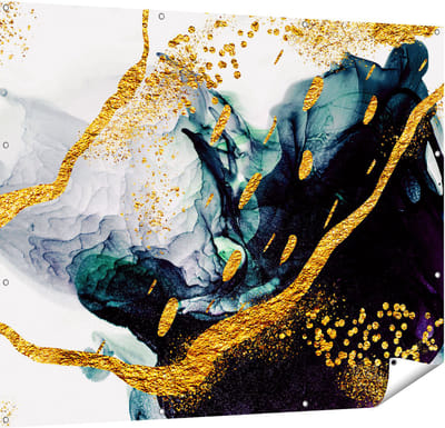 Gards Tuinposter Abstracte Kunst - Zwart Wit met Gouden Strepen - 150x120 cm - Tuindoek - Tuindecoratie - Wanddecoratie buiten - Tuinschilderij
