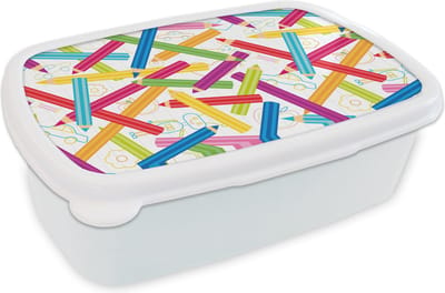 Broodtrommel Wit - Lunchbox - Brooddoos - Potlood - Patronen - Regenboog - 18x12x6 cm - Volwassenen