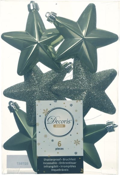 Decoris kersthanger sterren - 6x st - mosgroen - 7 cm - kunststof - kerstornamenten - kerstversiering