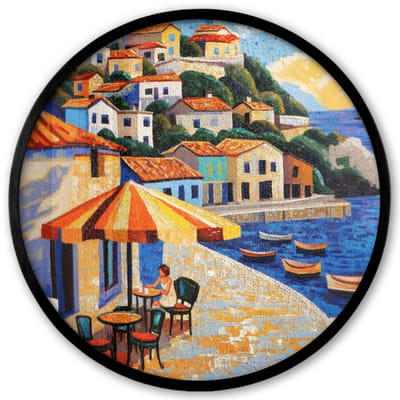 Poster in lijst Rond - Fotolijst 40x40 cm - Posters - Kustdorp - Huisjes - Mozaïek - Zee - Ronde posterlijst zwart - Decoratie - Wanddecoratie woonkamer - Muurdecoratie slaapkamer