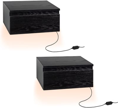 Casamoda Nachtkastje set van 2 - Zwevend - Nachtkastjes met lade - Hout - RGB Verlichting - H18 x B40 x D35 cm - Bedside table - Nightstand - Hangend - Nachtlampje volwassenen - Modern - Industrieel - Nachtkastje met Lade - Lamp -Zwart