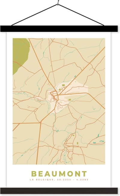 Posterhanger incl. Poster 40x60 cm - Schoolplaat - Kaart - België - Beaumont - Stadskaart - Plattegrond - Textielposter - Zwarte latten - Stadskaart