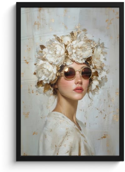 Poster in lijst - Fotolijst 40x60 cm - Posters - Schilderij - Vrouw - Zonnebril - Bloemenkrans - Posterlijst zwart - Decoratie - Wanddecoratie woonkamer - Muurdecoratie slaapkamer