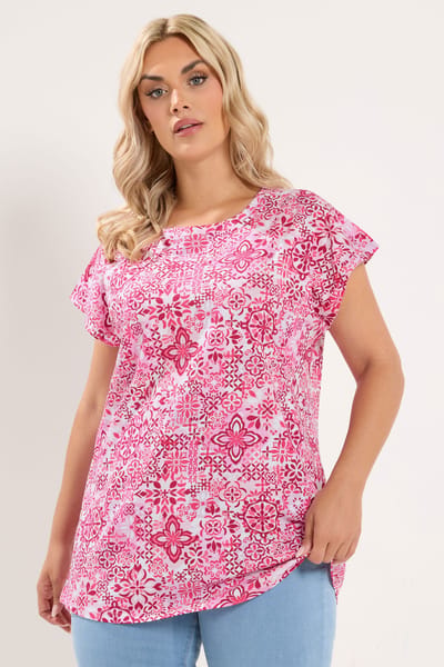 Yours Roze Tshirt Met Tegelprint En Aangeknipte Mouwen Size 42