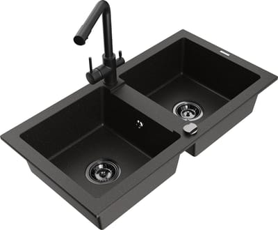 Mexen Mario granieten gootsteen 2-komorige met keukenmengkraan Duero, zwart/goud metallic - 6504-75-671600-70-B