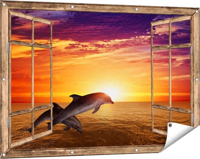 Gards Tuinposter Doorkijk Twee Dolfijnen bij de Zonsondergang - 120x80 cm - Tuindoek - Tuindecoratie - Wanddecoratie buiten - Tuinschilderij