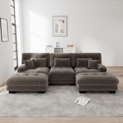 Luxe modulaire hoekbank - U-vormige woonkamerbank - slaapbank - met hocker - met lendenkussen en sierkussen - bruin