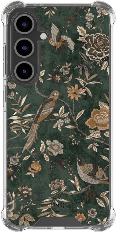 Shockproof hoesje geschikt voor Samsung Galaxy S24 FE - Khaki golden flowers - Schokbestendig - Verhoogde randen - TPU case - Extra Sterke Back Cover - Bloemen - Transparant, Groen