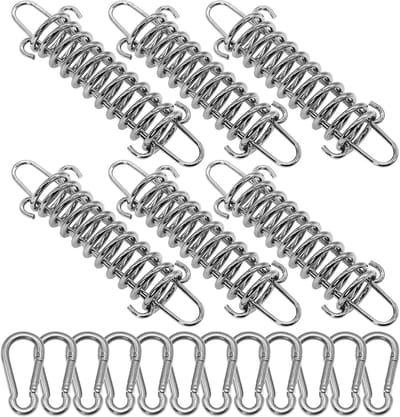 Set van 6 hoogwaardige roestvrijstalen tentluifels met trekveer en 12 karabiners voor optimale spanning en gebruiksgemak tijdens het kamperen