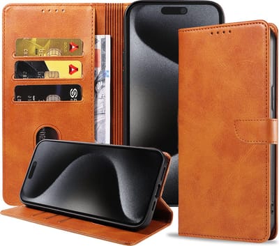 Geschikt voor iPhone 15 Pro Max Telefoonhoesje Kunstleer met Magnetisch lipje en Pasjeshouder Book Case met Klepje - Bruin - Smartphonica geschikt voor iPhone 15 Pro Max